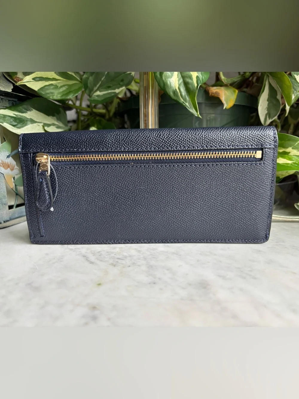 NWOT Coach Saffiano Leather Continental Wallet in Navy with Gold Logo